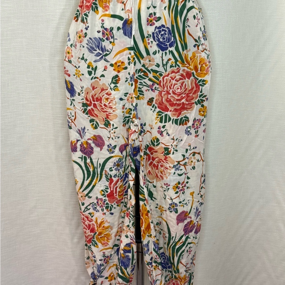 Anthropologie Floral Pants Leopard Trim Boho Crop Tie Hem Statement XS - Picture 2 of 10
